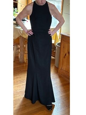 Vintage 1990s Black Evening Gown Cross Back Halter Dress